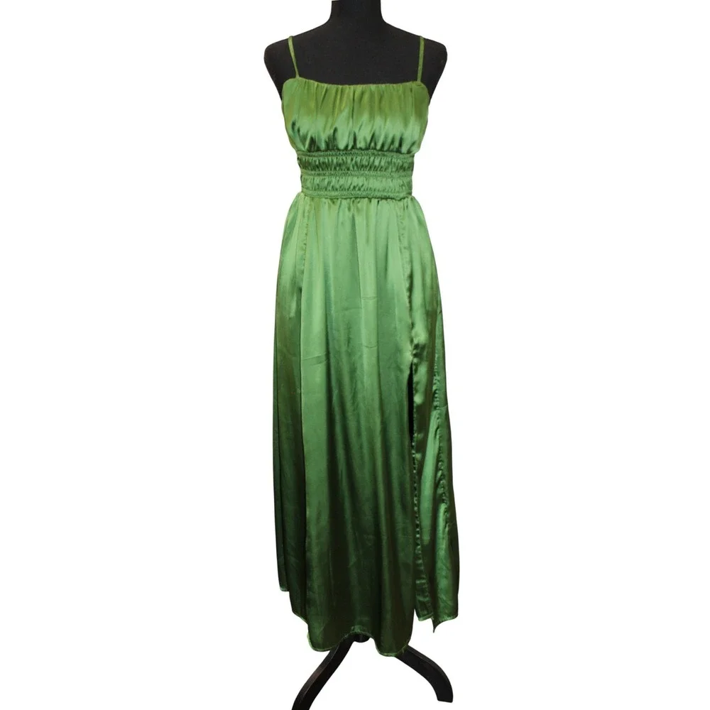 Abercrombie & Fitch Smocked Satin Side Slit Goddess Maxi Dress Women Small Green